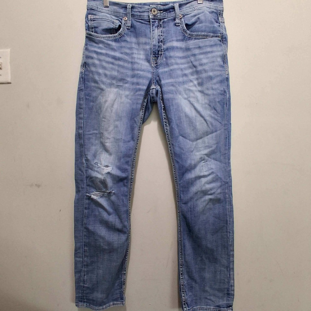 BKE Jake Straight Leg Light Wash Distressed‎ Mens Jeans 34x32 Stretch Repreve